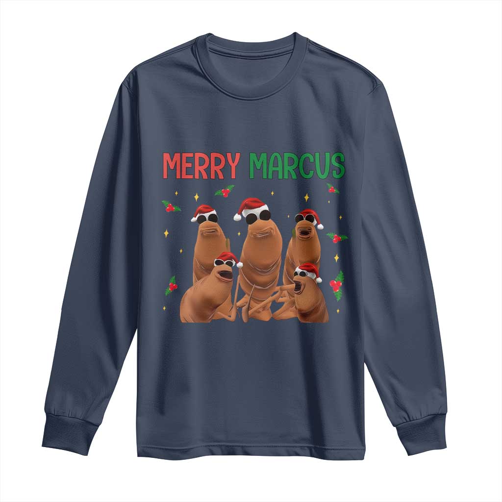Marcus The Worm Christmas Meme Long Sleeve Shirt Funny Brain Rot Gen Z Xmas TS14 Navy Print Your Wear