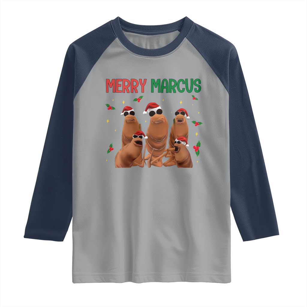 Marcus The Worm Christmas Meme Raglan Shirt Funny Brain Rot Gen Z Xmas TS14 Sport Gray Navy Print Your Wear