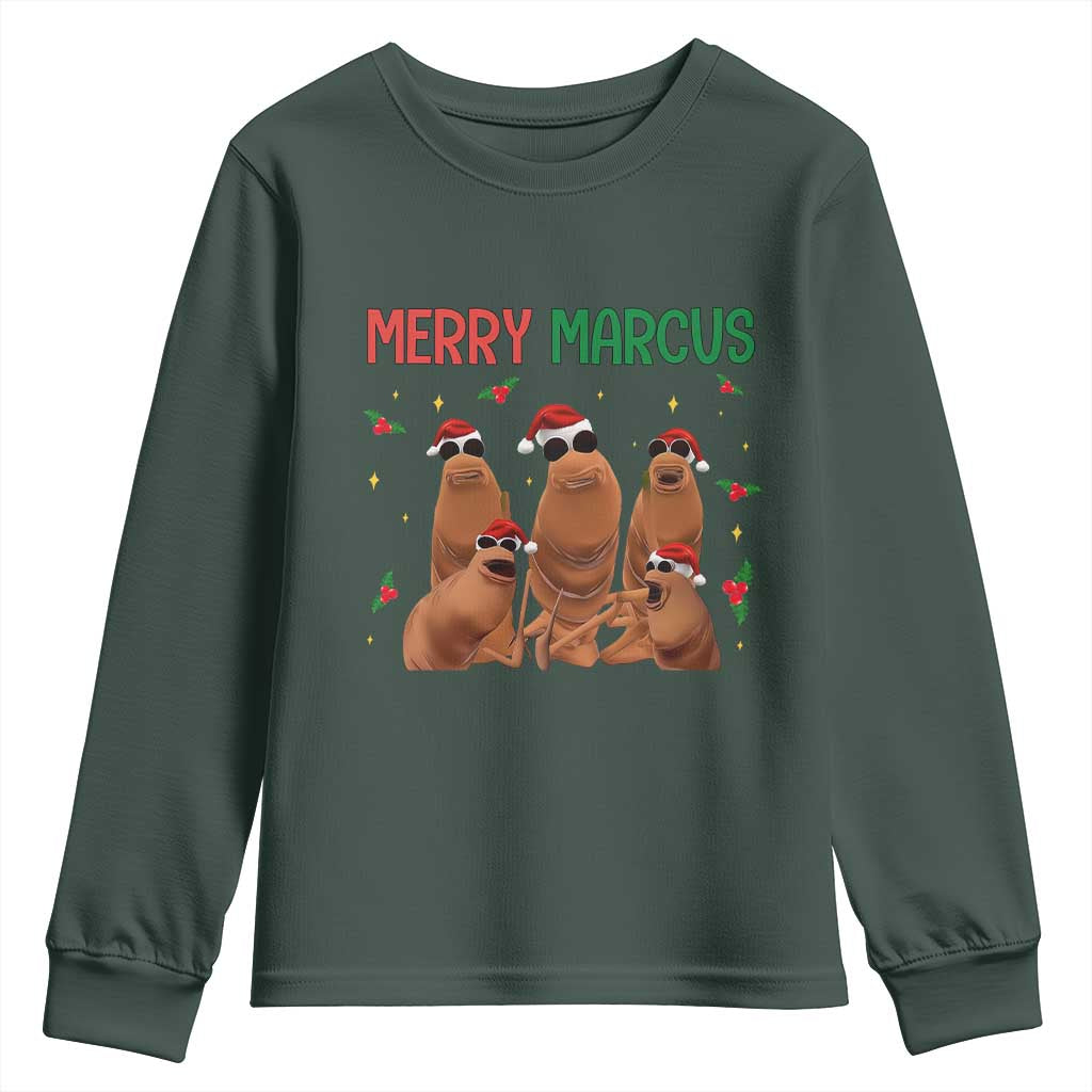 Marcus The Worm Christmas Meme Youth Sweatshirt Funny Brain Rot Gen Z Xmas TS14 Dark Forest Green Print Your Wear
