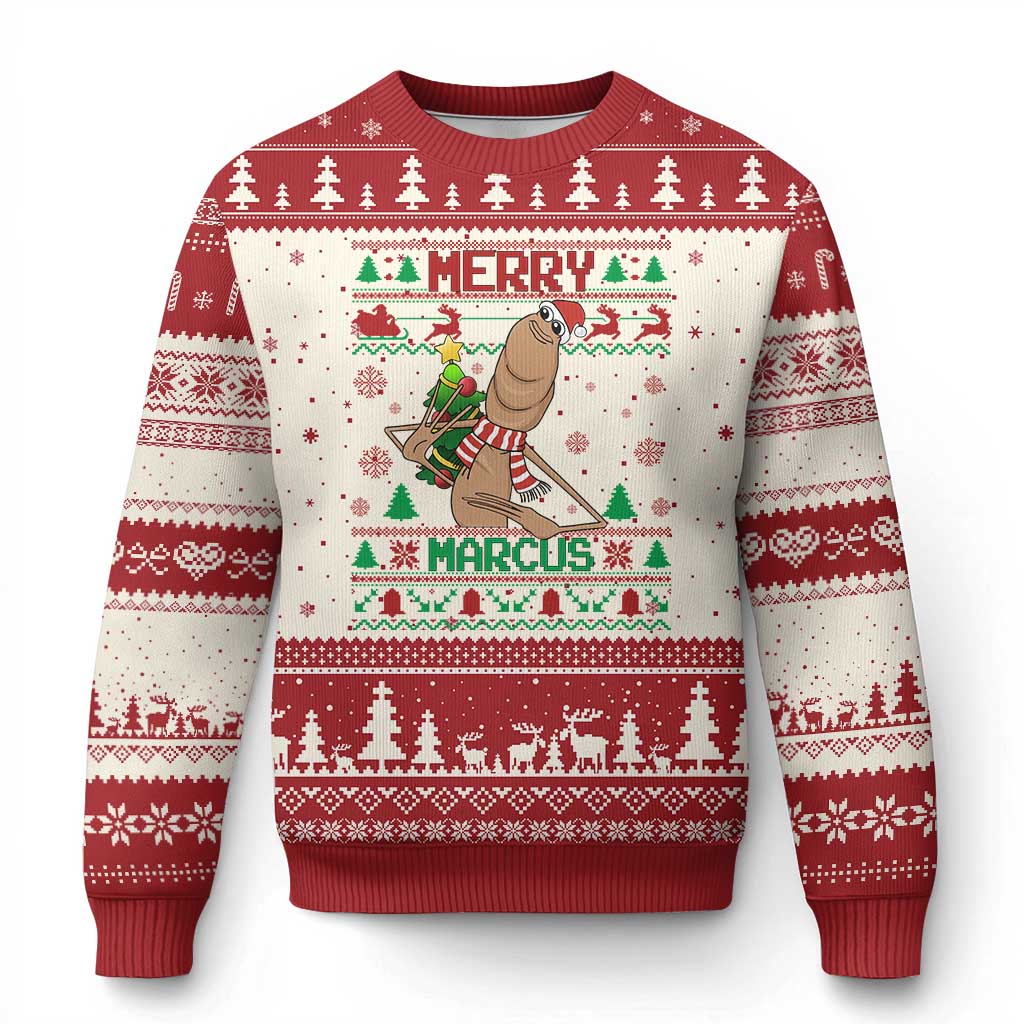 Marcus The Worm Xmas Meme Ugly Christmas Sweater Funny Brain Rot Xmas TS14 Beige Red Print Your Wear
