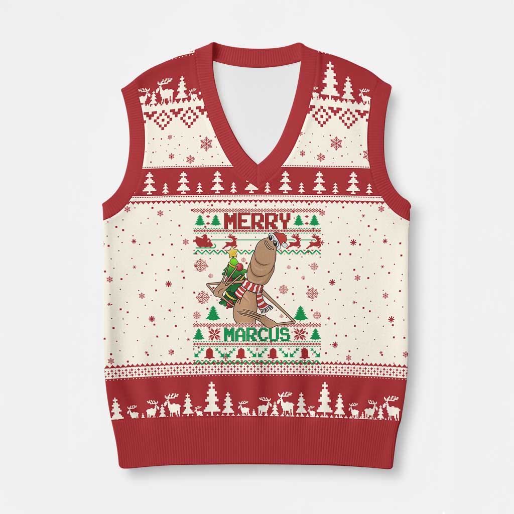 Marcus The Worm Xmas Meme V-Neck Knit Sweater Vest Funny Brain Rot Xmas TS14 Beige Red Print Your Wear