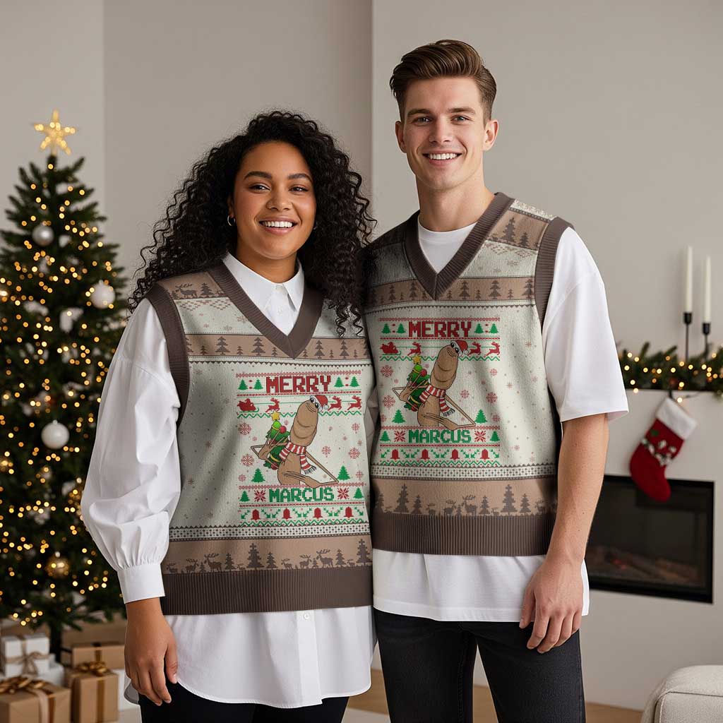 Marcus The Worm Xmas Meme V-Neck Knit Sweater Vest Funny Brain Rot Xmas TS14 Mocha Mousse Print Your Wear