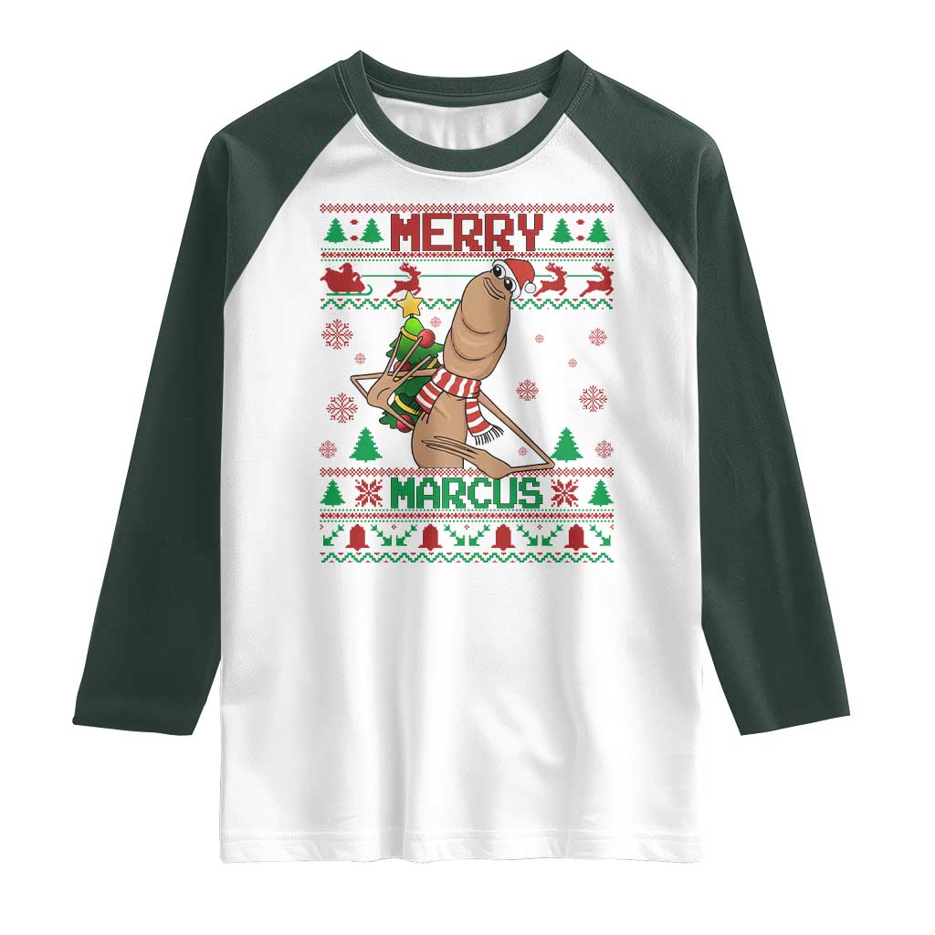 Marcus The Worm Christmas Meme Raglan Shirt Funny Brain Rot Xmas TS14 White Dark Forest Green Print Your Wear