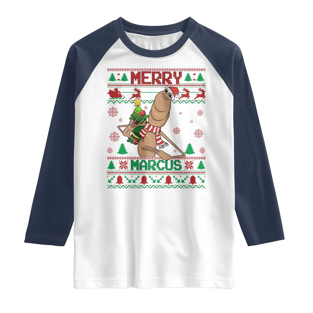 Marcus The Worm Christmas Meme Raglan Shirt Funny Brain Rot Xmas TS14 White Navy Print Your Wear