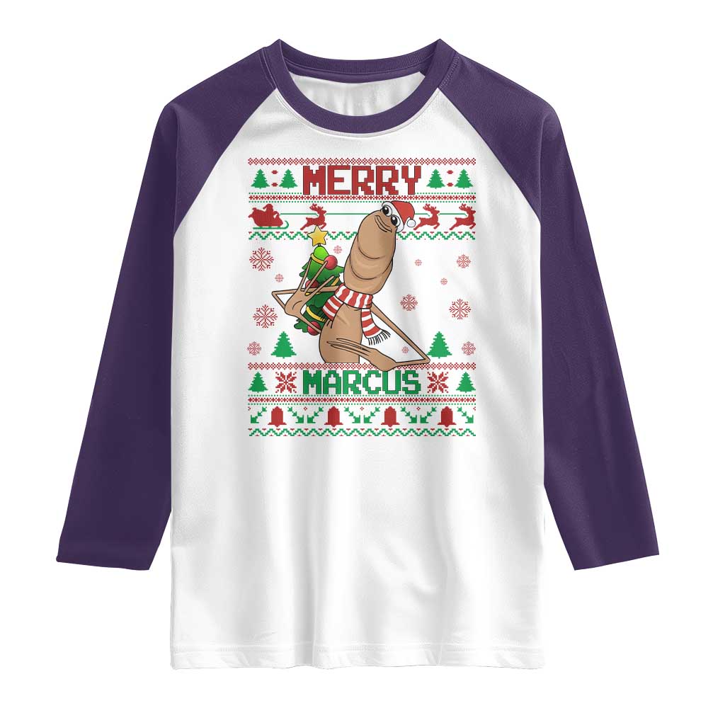 Marcus The Worm Christmas Meme Raglan Shirt Funny Brain Rot Xmas TS14 White Purple Print Your Wear