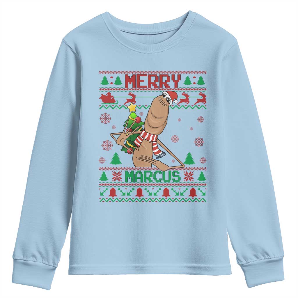 Marcus The Worm Christmas Meme Youth Sweatshirt Funny Brain Rot Xmas TS14 Light Blue Print Your Wear