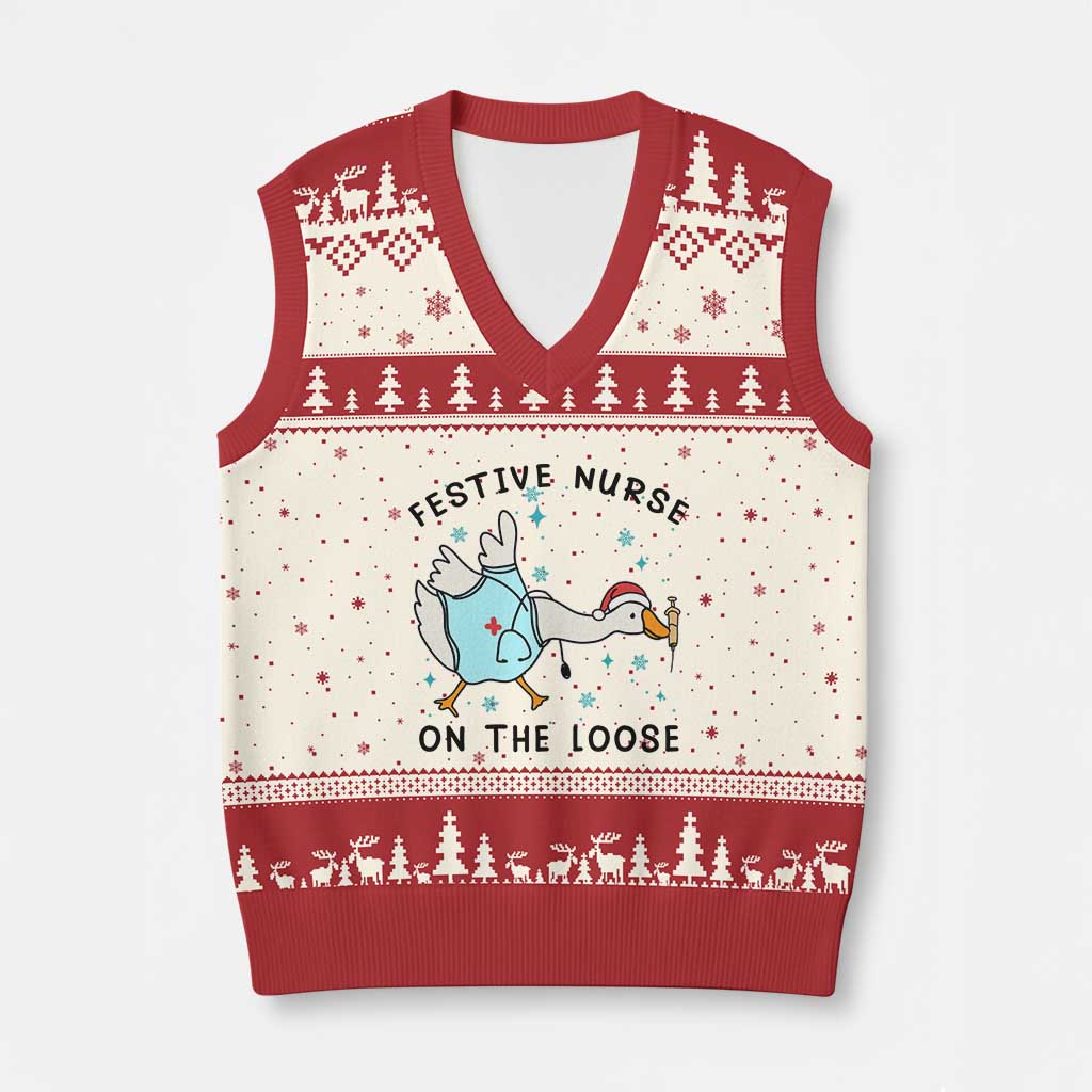 Funny Goose Nurse Xmas V-Neck Knit Sweater Vest Festive Nurses On The Loose TS14 Beige Red Print Your Wear