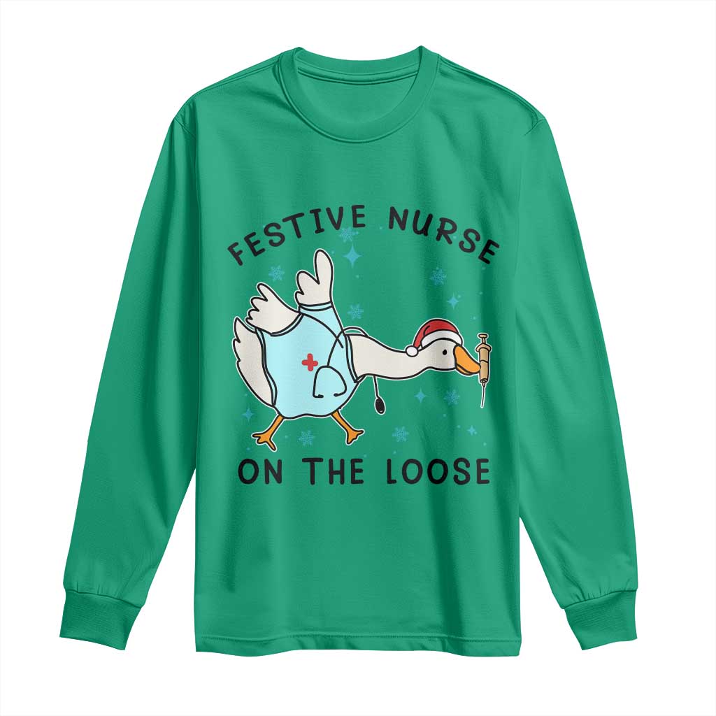Funny Goose Nurse Christmas Long Sleeve Shirt Festive Nurses On The Loose TS14 Irish Green Print Your Wear