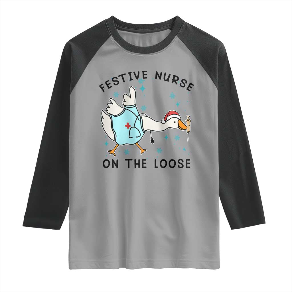 Funny Goose Nurse Christmas Raglan Shirt Festive Nurses On The Loose TS14 Sport Gray Black Print Your Wear