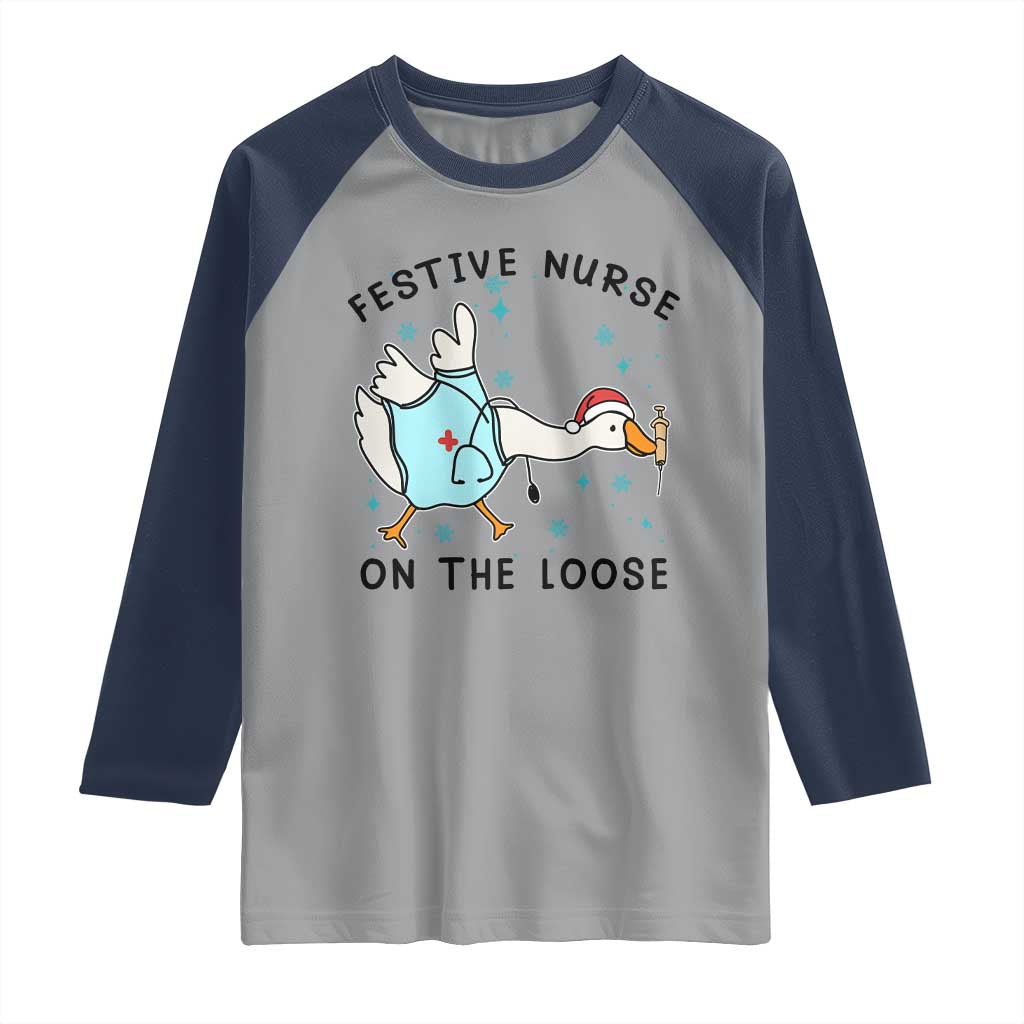 Funny Goose Nurse Christmas Raglan Shirt Festive Nurses On The Loose TS14 Sport Gray Navy Print Your Wear