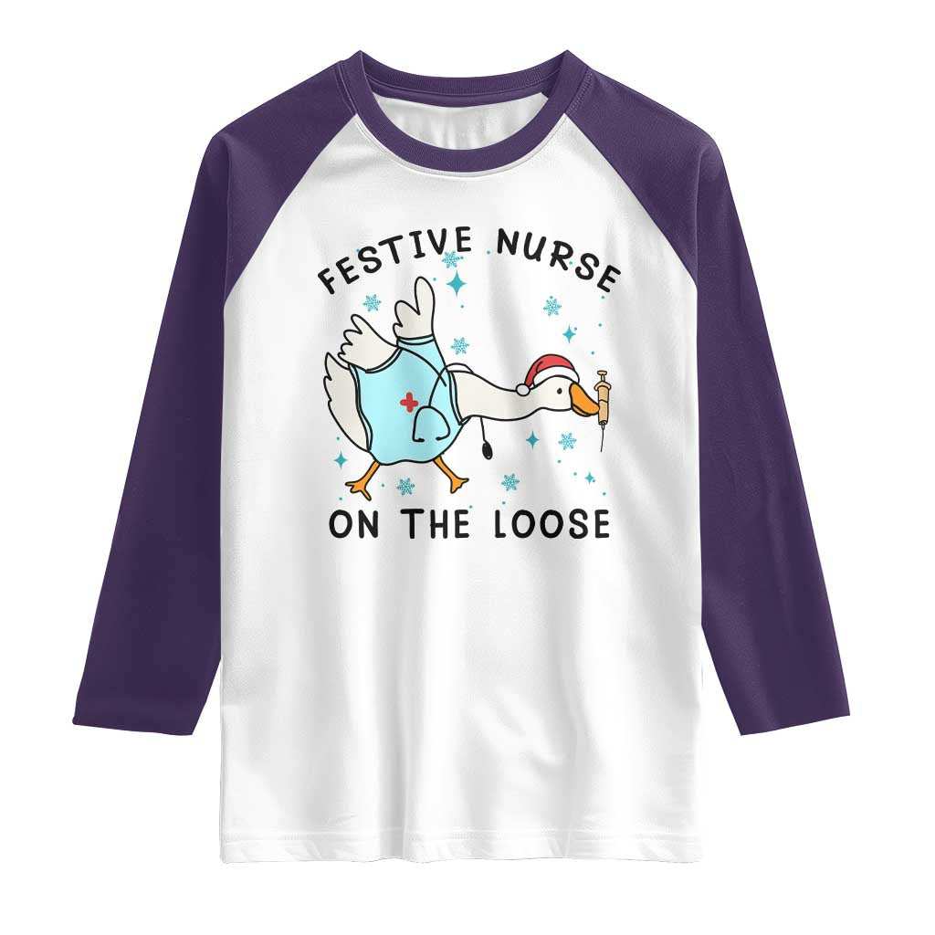 Funny Goose Nurse Christmas Raglan Shirt Festive Nurses On The Loose TS14 White Purple Print Your Wear