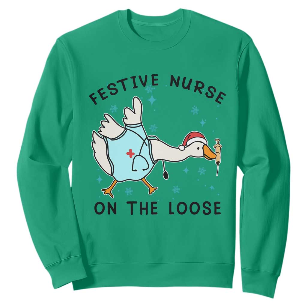 Funny Goose Nurse Christmas Sweatshirt Festive Nurses On The Loose TS14 Irish Green Print Your Wear