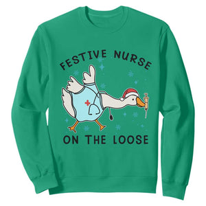 Funny Goose Nurse Christmas Sweatshirt Festive Nurses On The Loose TS14 Irish Green Print Your Wear