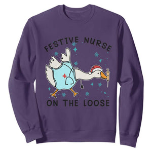 Funny Goose Nurse Christmas Sweatshirt Festive Nurses On The Loose TS14 Purple Print Your Wear