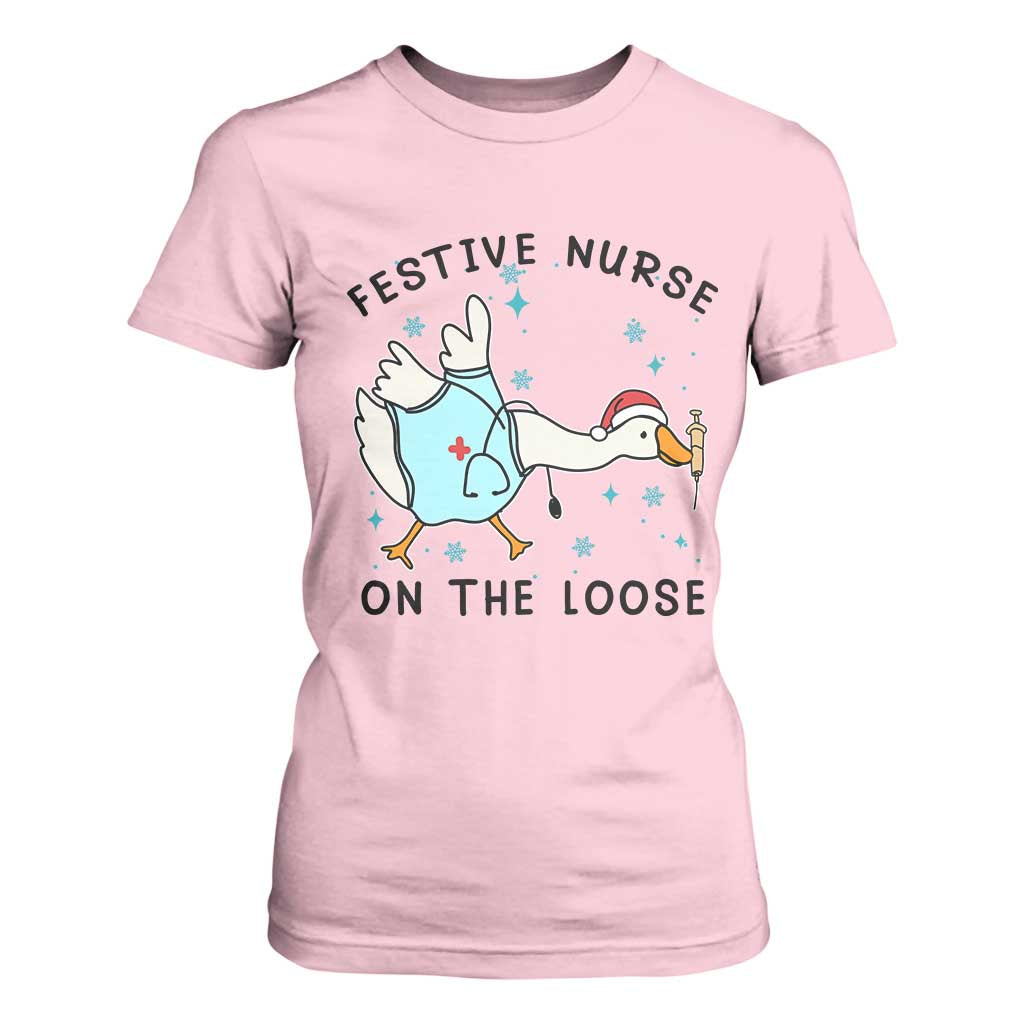 Funny Goose Nurse Christmas T Shirt For Women Festive Nurses On The Loose TS14 Light Pink Print Your Wear