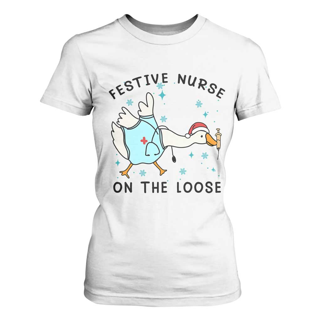 Funny Goose Nurse Christmas T Shirt For Women Festive Nurses On The Loose TS14 White Print Your Wear