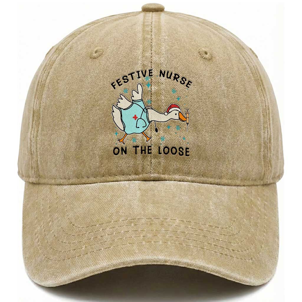 Funny Goose Nurse Christmas Washed Cotton Baseball Cap Festive Nurses On The Loose TS14 Washed Cap Universal Fit Khaki Print Your Wear