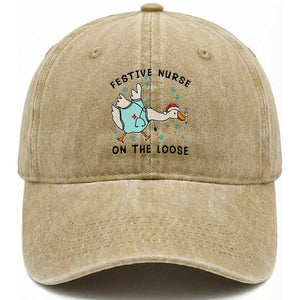 Funny Goose Nurse Christmas Washed Cotton Baseball Cap Festive Nurses On The Loose TS14 Washed Cap Universal Fit Khaki Print Your Wear