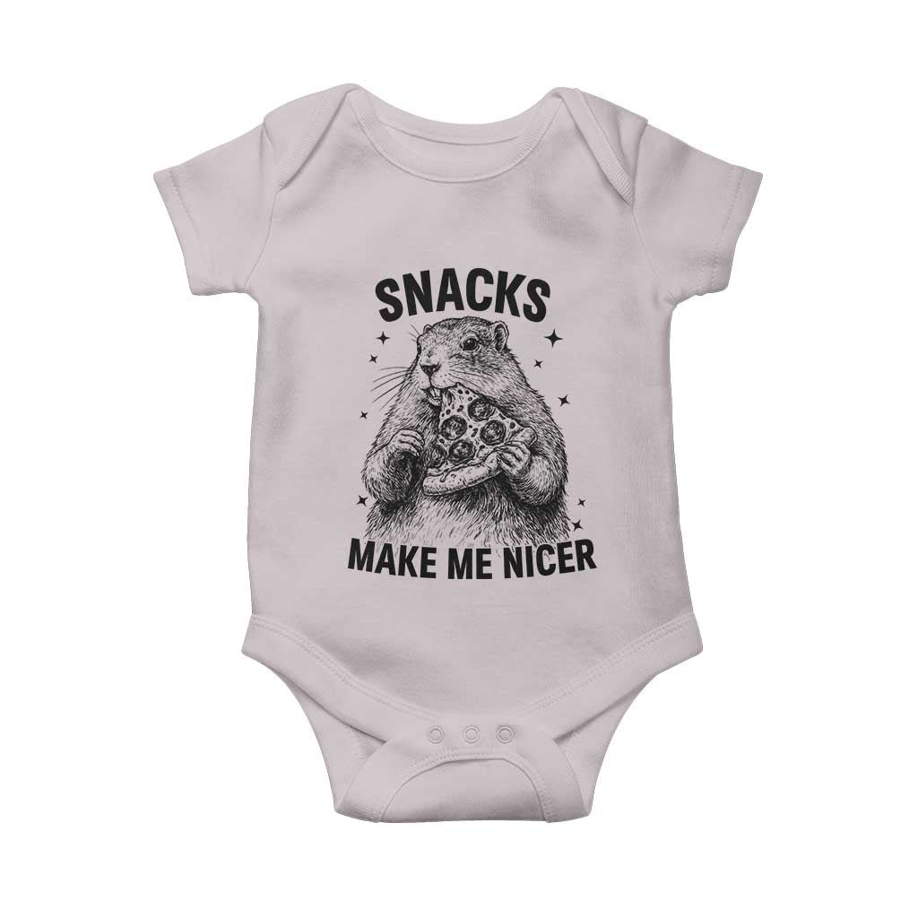 Funny Groundhog Eating Pizza Baby Onesie Snacks Make Me Nicer TS14 Ice Gray Print Your Wear