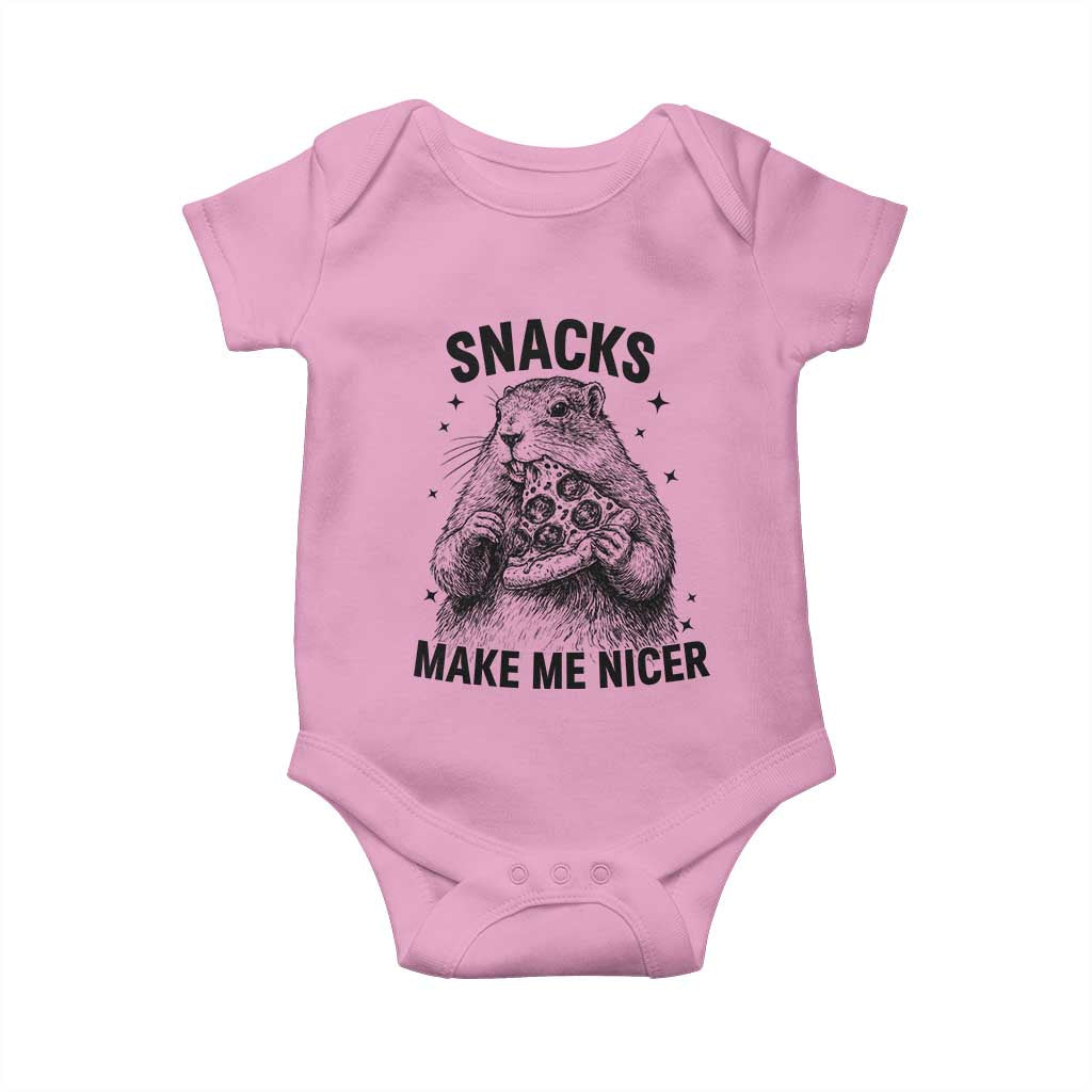 Funny Groundhog Eating Pizza Baby Onesie Snacks Make Me Nicer TS14 Light Pink Print Your Wear