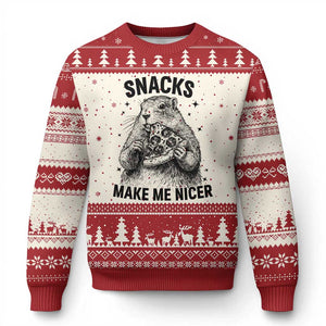 Funny Groundhog Eating Pizza Ugly Christmas Sweater Snacks Make Me Nicer TS14 Beige Red Print Your Wear