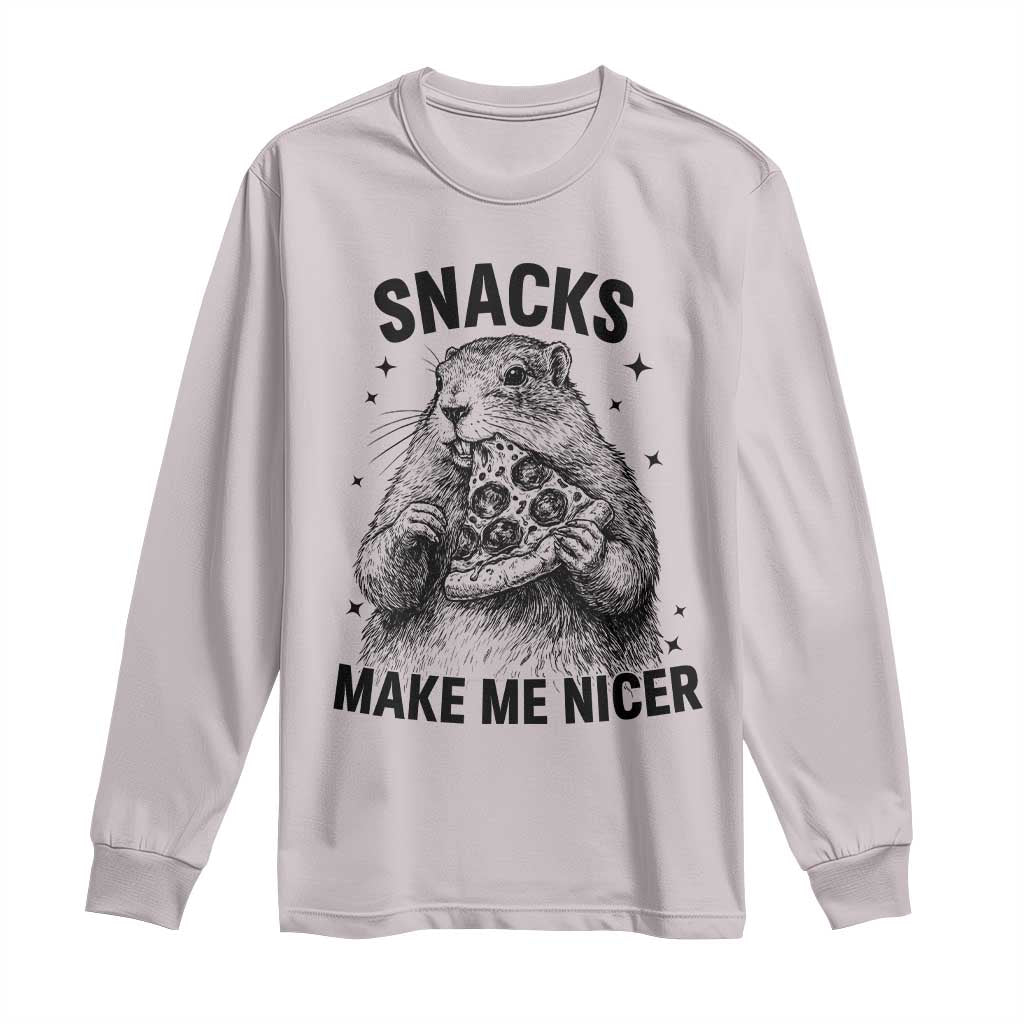 Funny Groundhog Eating Pizza Long Sleeve Shirt Snacks Make Me Nicer TS14 Ice Gray Print Your Wear