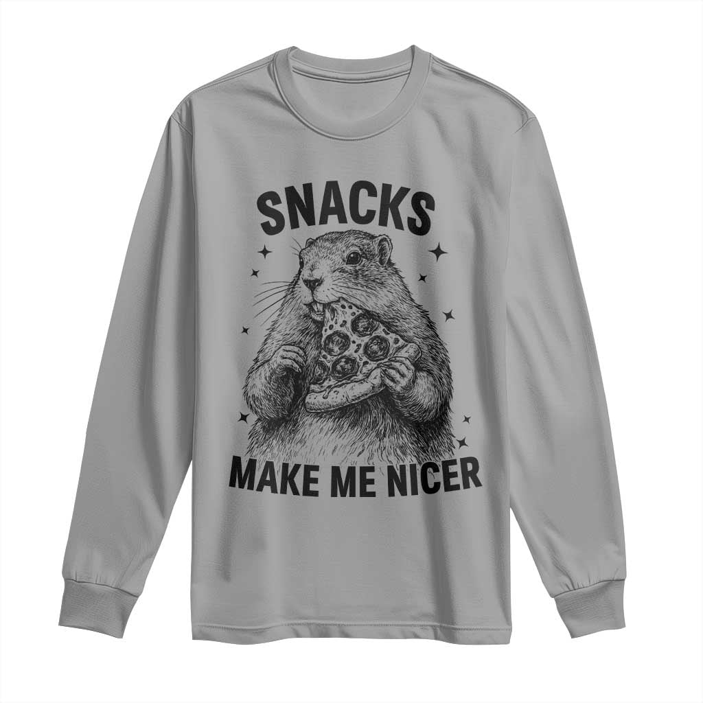 Funny Groundhog Eating Pizza Long Sleeve Shirt Snacks Make Me Nicer TS14 Sport Gray Print Your Wear