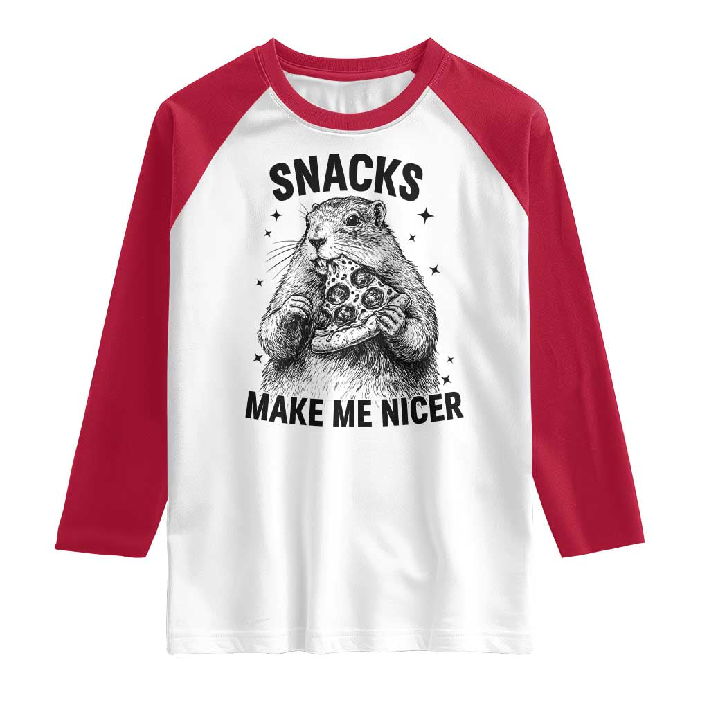 Funny Groundhog Eating Pizza Raglan Shirt Snacks Make Me Nicer TS14 White Red Print Your Wear