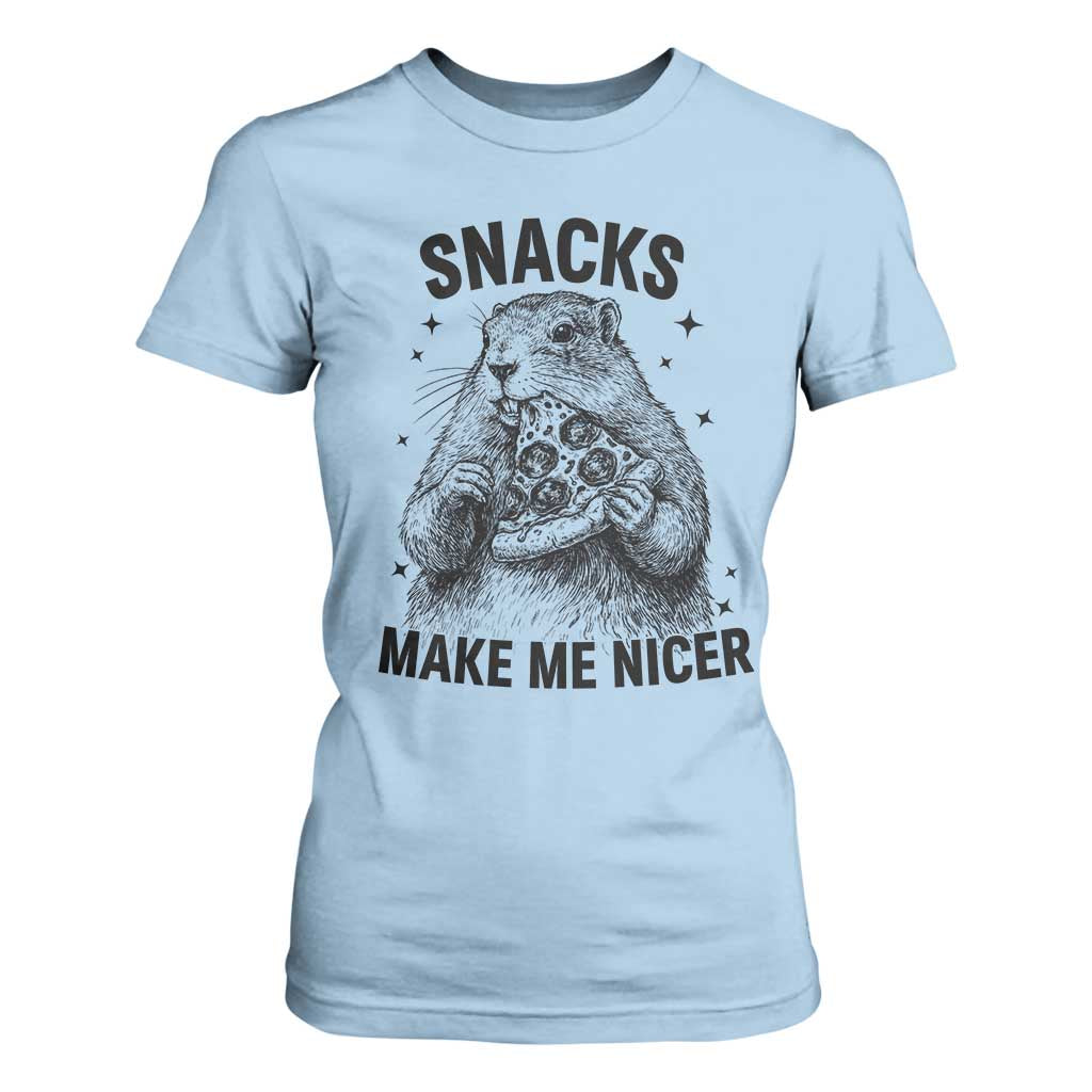 Funny Groundhog Eating Pizza T Shirt For Women Snacks Make Me Nicer TS14 Light Blue Print Your Wear
