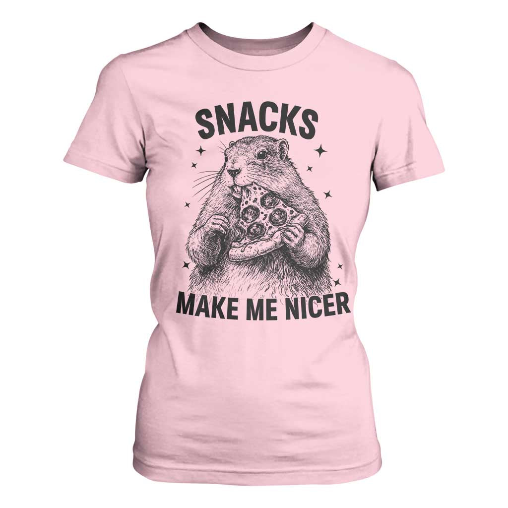 Funny Groundhog Eating Pizza T Shirt For Women Snacks Make Me Nicer TS14 Light Pink Print Your Wear