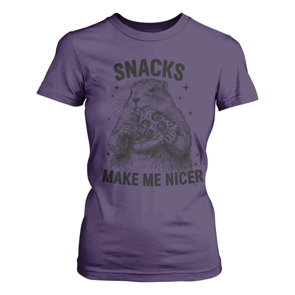 Funny Groundhog Eating Pizza T Shirt For Women Snacks Make Me Nicer TS14 Purple Print Your Wear