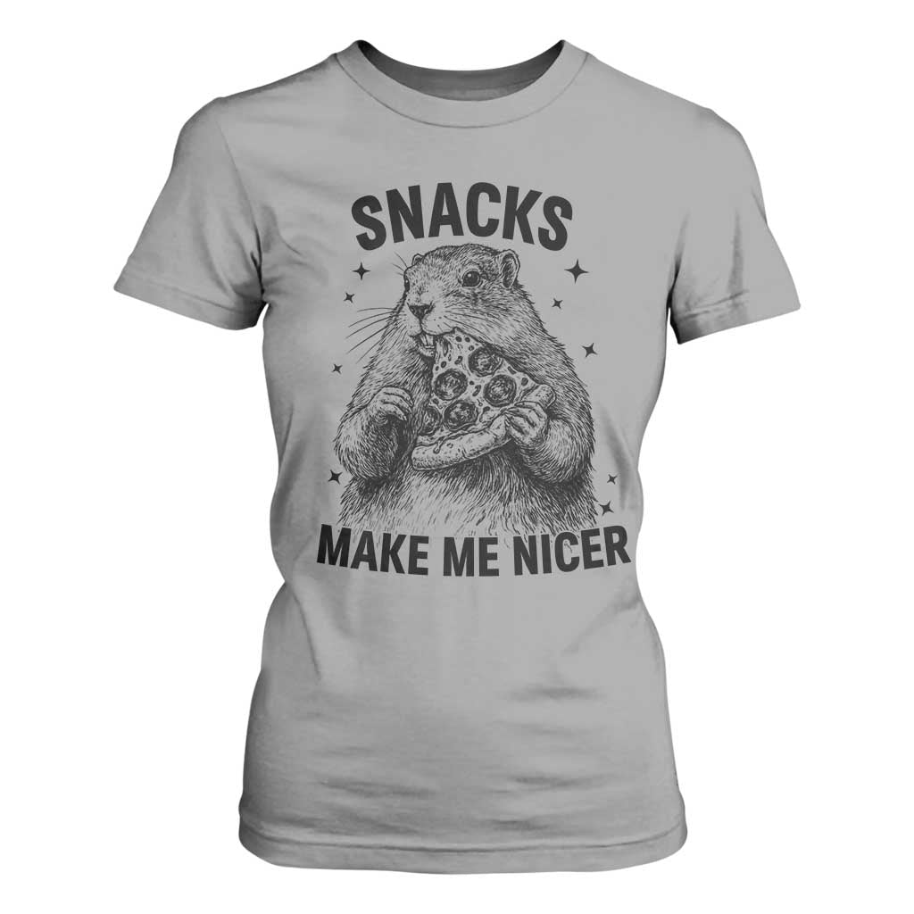 Funny Groundhog Eating Pizza T Shirt For Women Snacks Make Me Nicer TS14 Sport Gray Print Your Wear