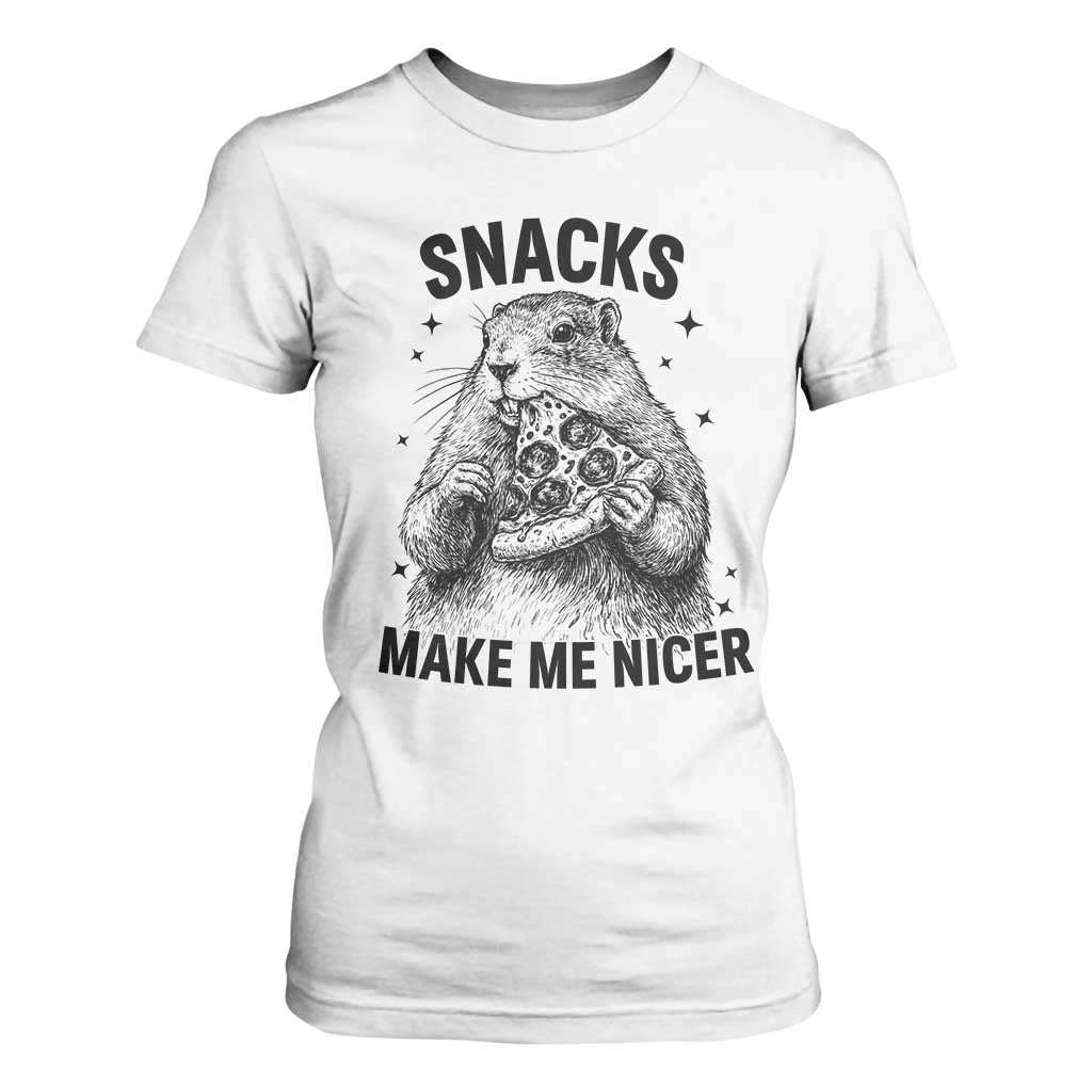 Funny Groundhog Eating Pizza T Shirt For Women Snacks Make Me Nicer TS14 White Print Your Wear