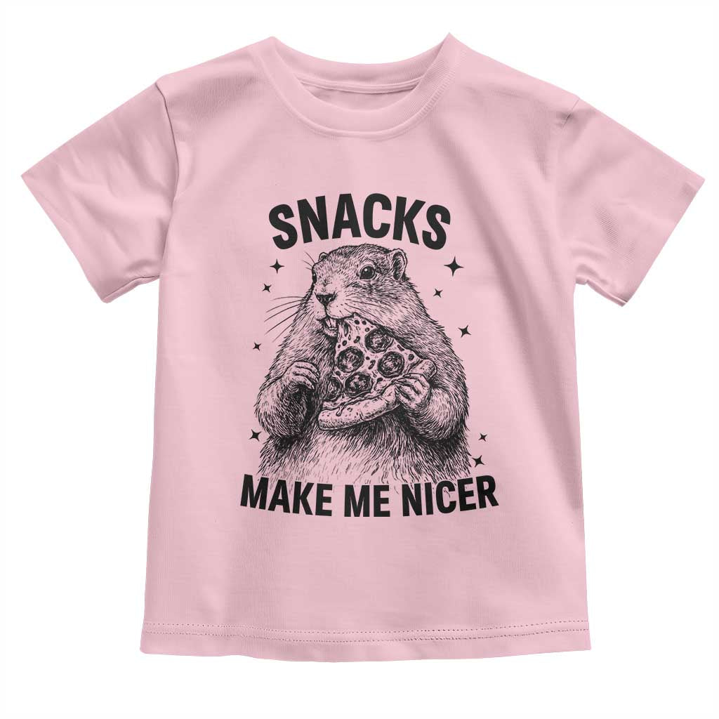 Funny Groundhog Eating Pizza Toddler T Shirt Snacks Make Me Nicer TS14 Light Pink Print Your Wear