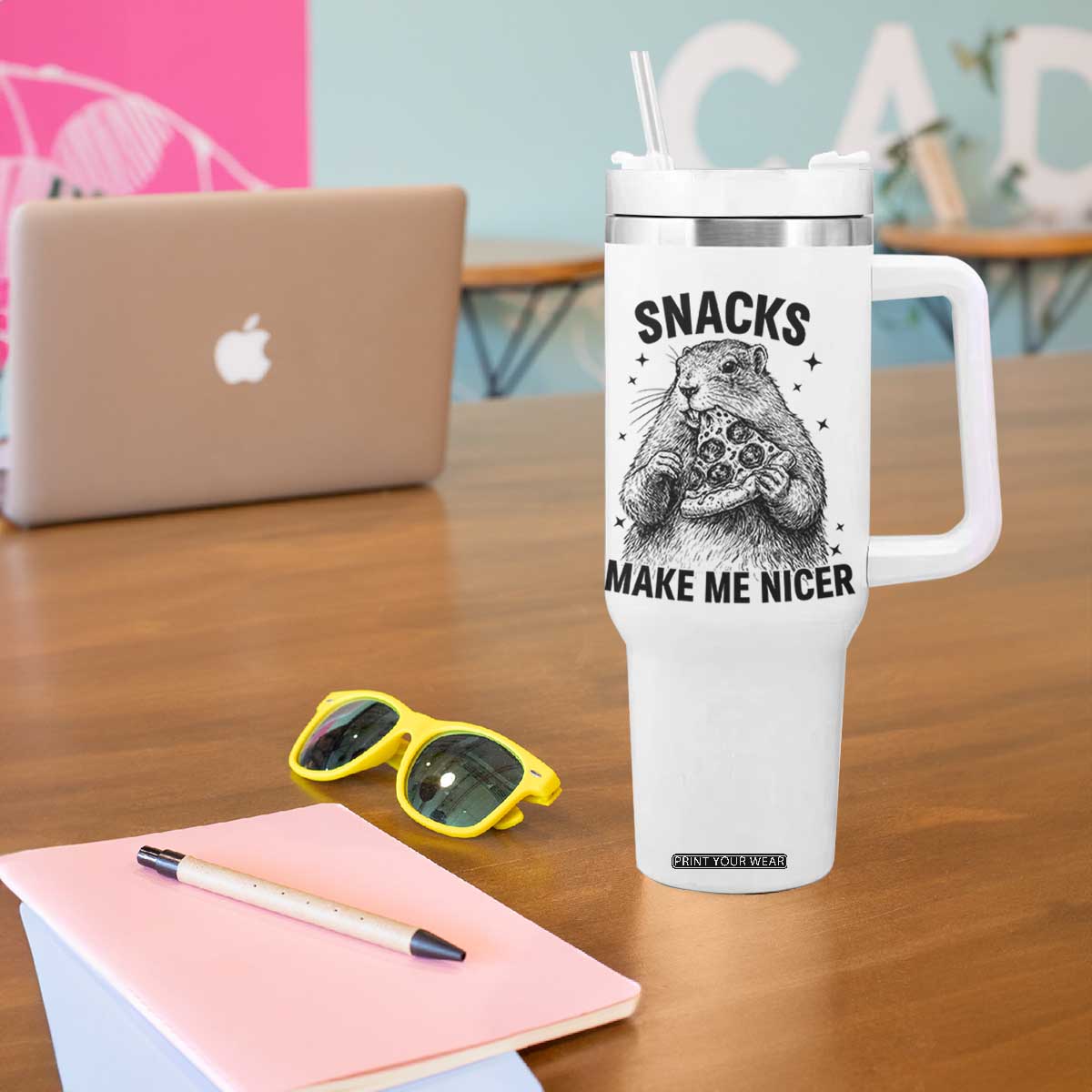 Funny Groundhog Eating Pizza Tumbler With Handle Snacks Make Me Nicer TS14 Print Your Wear