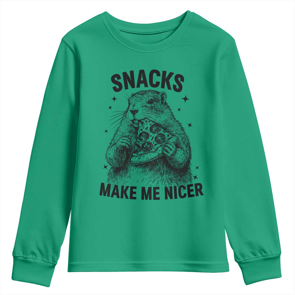 Funny Groundhog Eating Pizza Youth Sweatshirt Snacks Make Me Nicer TS14 Irish Green Print Your Wear