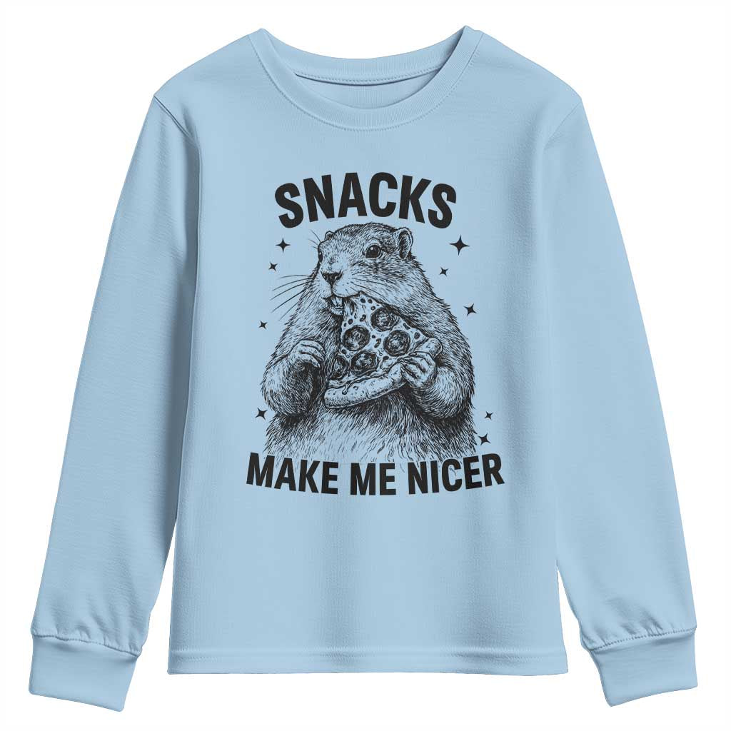 Funny Groundhog Eating Pizza Youth Sweatshirt Snacks Make Me Nicer TS14 Light Blue Print Your Wear