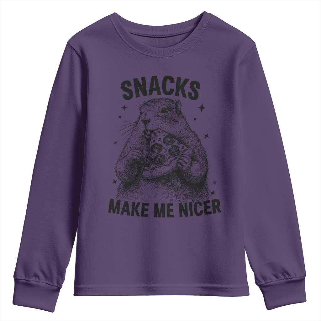 Funny Groundhog Eating Pizza Youth Sweatshirt Snacks Make Me Nicer TS14 Purple Print Your Wear
