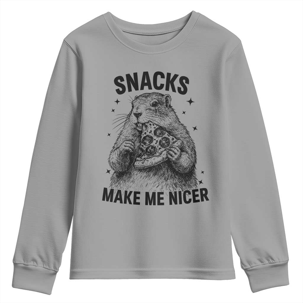 Funny Groundhog Eating Pizza Youth Sweatshirt Snacks Make Me Nicer TS14 Sport Gray Print Your Wear