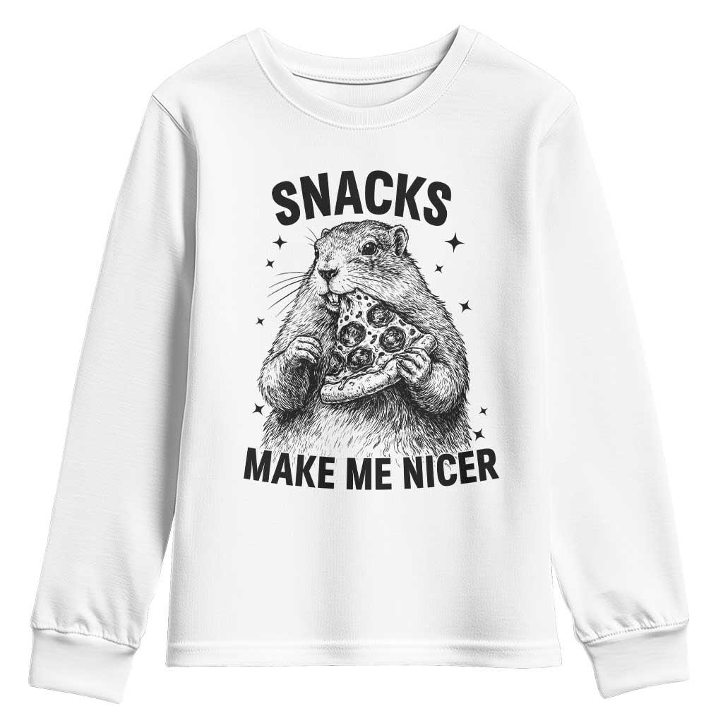 Funny Groundhog Eating Pizza Youth Sweatshirt Snacks Make Me Nicer TS14 White Print Your Wear