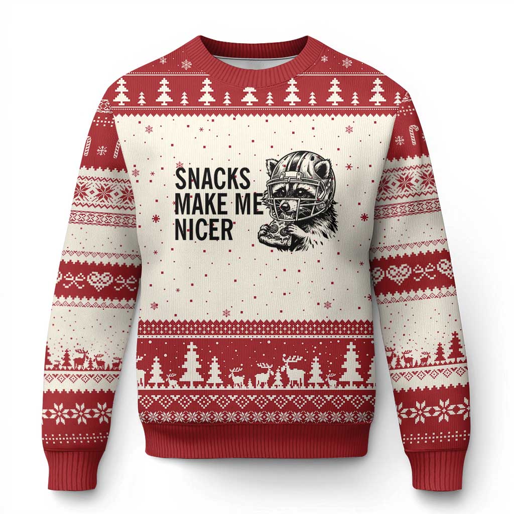 Funny Raccoon Eating Pizza Ugly Christmas Sweater Snacks Make Me Nicer TS14 Beige Red Print Your Wear