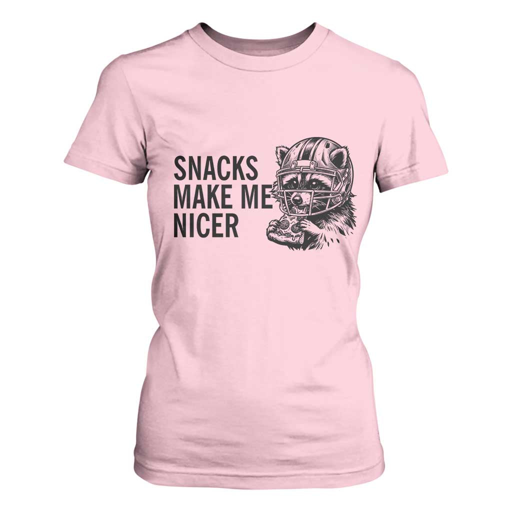 Funny Raccoon Eating Pizza T Shirt For Women Snacks Make Me Nicer TS14 Light Pink Print Your Wear