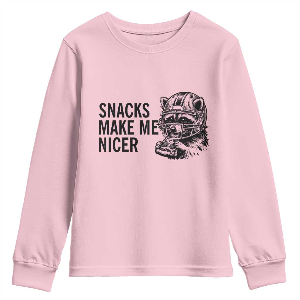 Funny Raccoon Eating Pizza Youth Sweatshirt Snacks Make Me Nicer TS14 Light Pink Print Your Wear