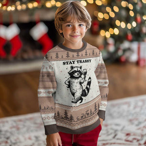 Stay Trashy Raccoon Ugly Christmas Sweater Funny Raccoon Drinking Wine Meme TS14 Mocha Mousse Print Your Wear