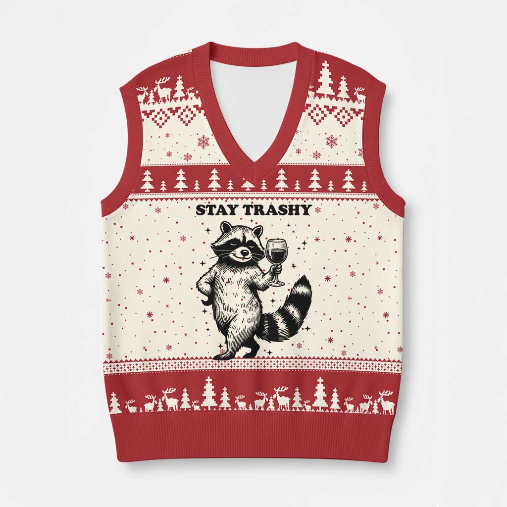 Stay Trashy Raccoon V-Neck Knit Sweater Vest Funny Raccoon Drinking Wine Meme TS14 Beige Red Print Your Wear