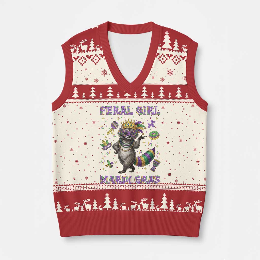 Mardi Gras Raccoon V-Neck Knit Sweater Vest Feral Girl Mardi Gras TS14 Beige Red Print Your Wear