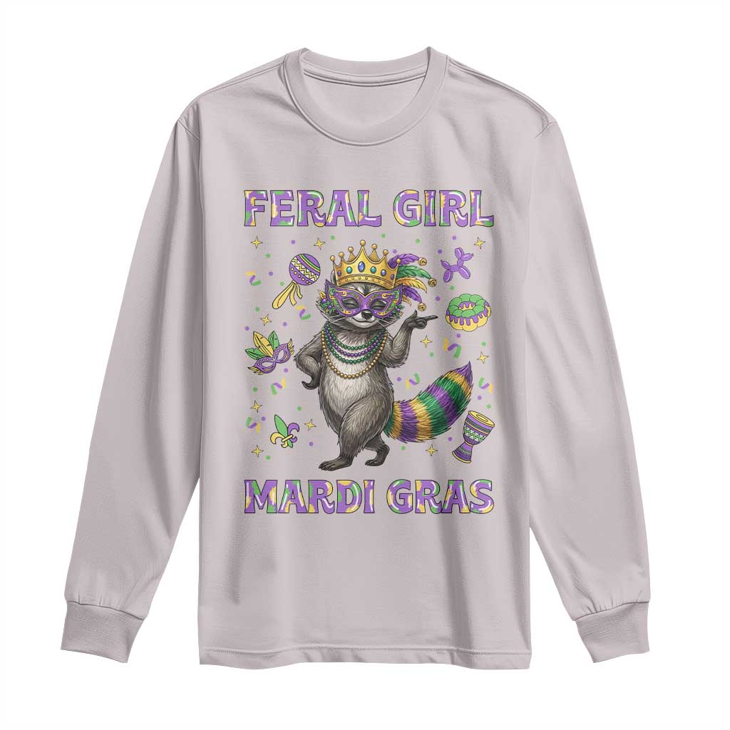 Mardi Gras Raccoon Long Sleeve Shirt Feral Girl Mardi Gras TS14 Ice Gray Print Your Wear