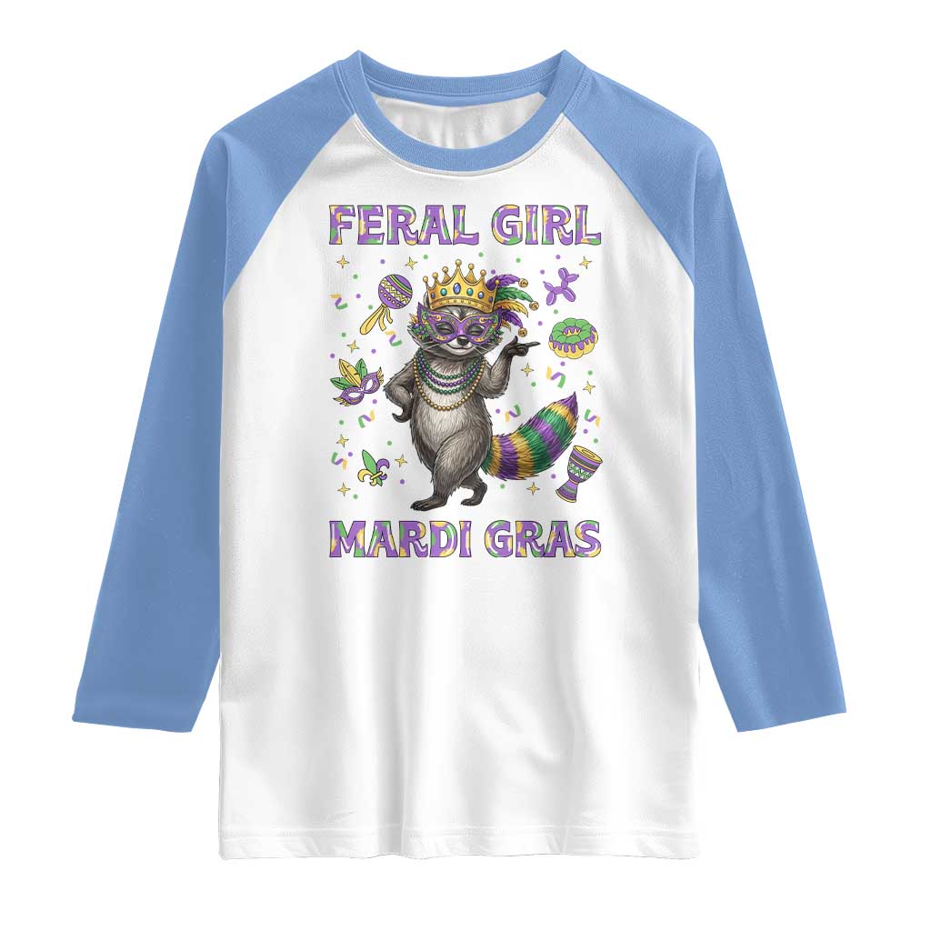 Mardi Gras Raccoon Raglan Shirt Feral Girl Mardi Gras TS14 White Carolina Blue Print Your Wear
