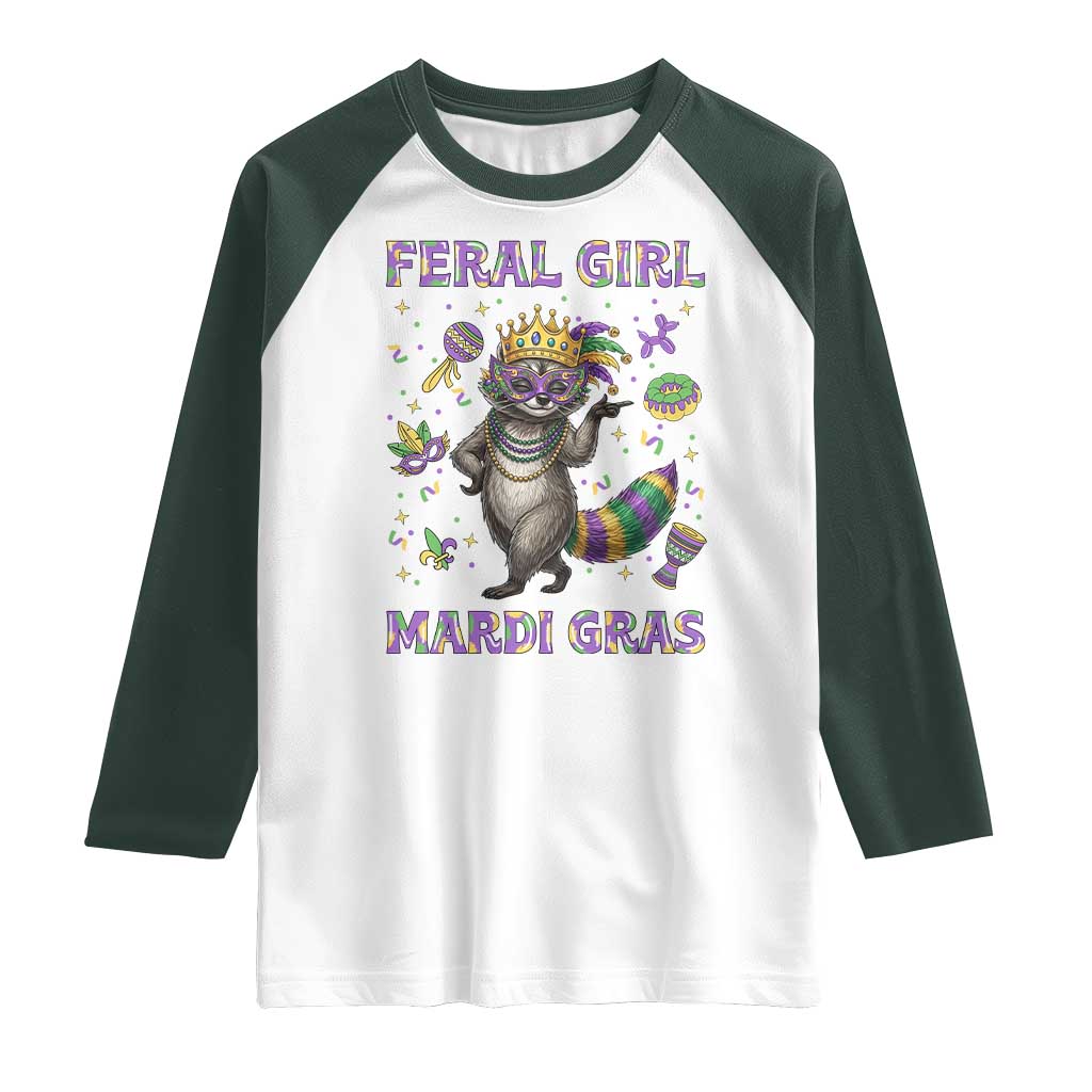 Mardi Gras Raccoon Raglan Shirt Feral Girl Mardi Gras TS14 White Dark Forest Green Print Your Wear