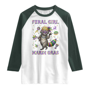 Mardi Gras Raccoon Raglan Shirt Feral Girl Mardi Gras TS14 White Dark Forest Green Print Your Wear